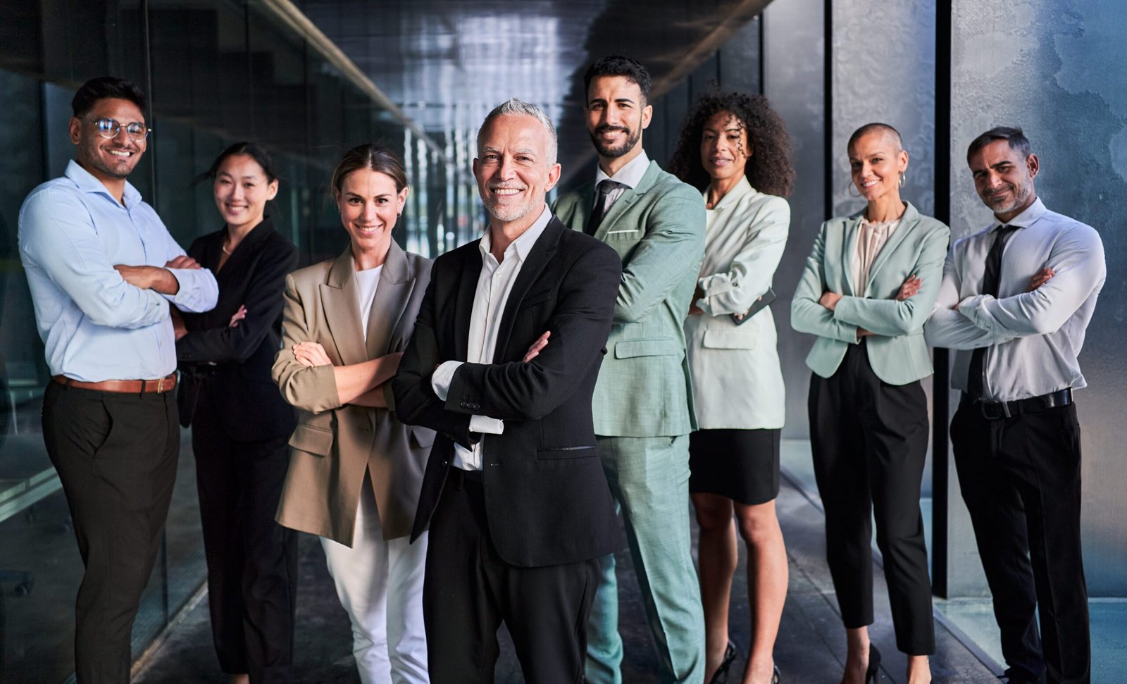 Multicultural business team headed by boss. Posing to camera cheerfully at the office.